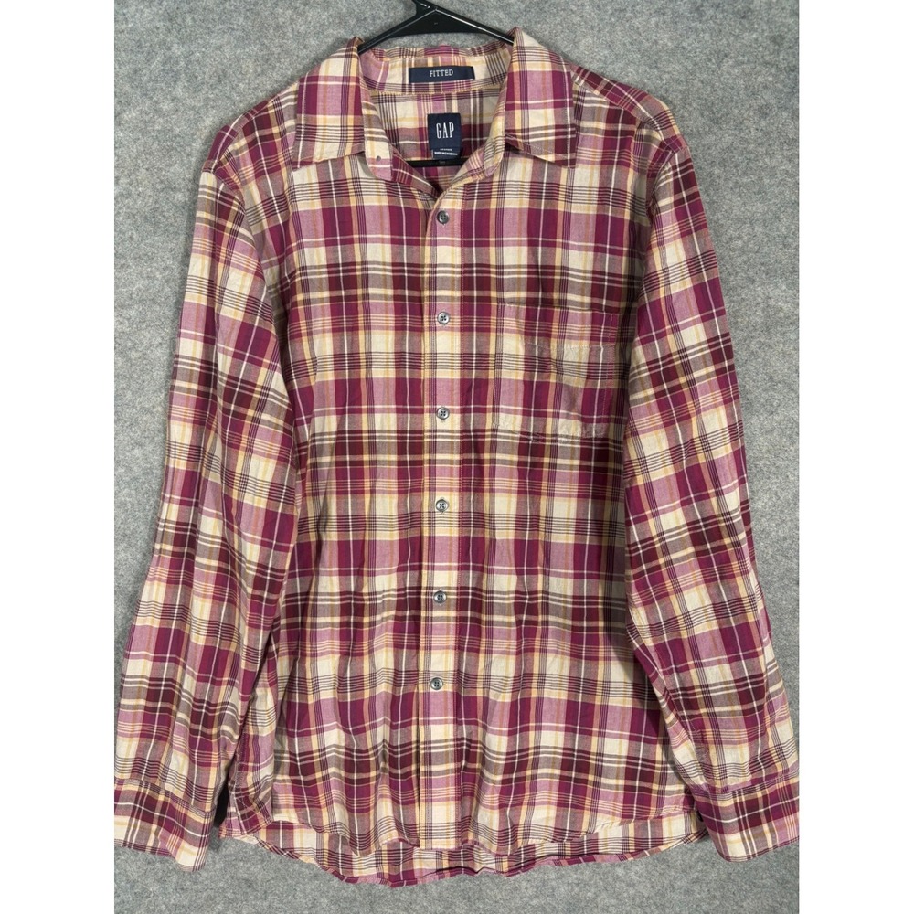 GAP Men Plaid Long Sleeve Button Up Shirt‎ Fitted Burgundy Yellow Size M